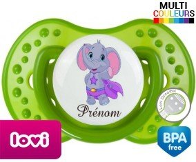 Elephant super héros + prénom : Sucette LOVI Dynamic personnalisée