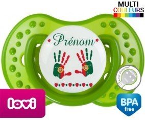 Tetine Drapeau portugal et main de bébé + prénom embout LOVI Dynamic personnalisée