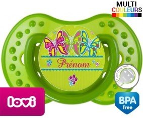 Tetine Papillons multicolores + prénom embout LOVI Dynamic personnalisée