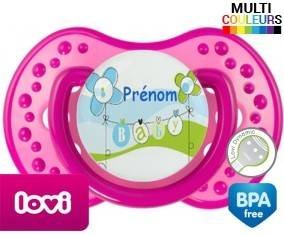 Baby bleu fleurs + prénom: Sucette LOVI Dynamic-su7.fr