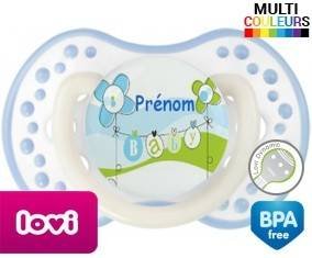 Baby bleu fleurs + prénom: Sucette LOVI Dynamic-su7.fr