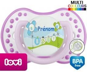 Baby bleu fleurs + prénom: Sucette LOVI Dynamic-su7.fr