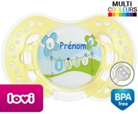 Baby bleu fleurs + prénom: Sucette LOVI Dynamic-su7.fr