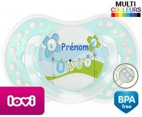 Baby bleu fleurs + prénom: Sucette LOVI Dynamic-su7.fr