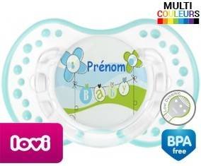 Baby bleu fleurs + prénom: Sucette LOVI Dynamic-su7.fr
