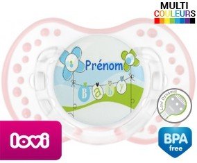 Baby bleu fleurs + prénom: Sucette LOVI Dynamic-su7.fr