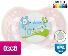 Baby bleu fleurs + prénom: Sucette LOVI Dynamic-su7.fr