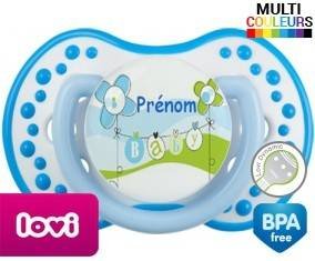 Baby bleu fleurs + prénom: Sucette LOVI Dynamic-su7.fr