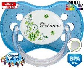 Fleur verte + prénom : Sucette Cerise personnalisée