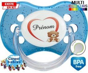 Ourson cœur + prénom : Sucette Cerise personnalisée
