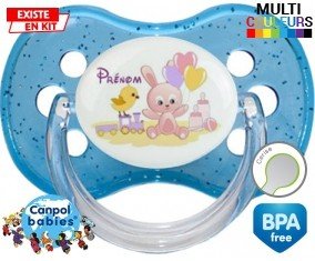 Lapin train + prénom : Tétine Cerise personnalisée