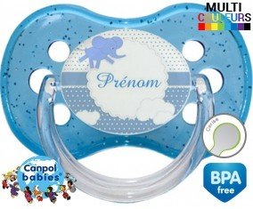 Elephant bleu + prénom : Sucette Cerise personnalisée