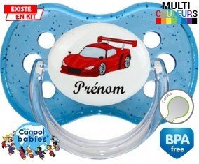 Voiture de course rouge + prénom : Sucette Cerise personnalisée