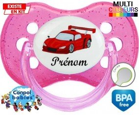 Voiture de course rouge + prénom: Sucette Cerise-su7.fr