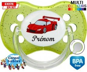 Voiture de course rouge + prénom: Sucette Cerise-su7.fr