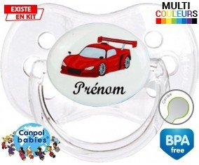 Voiture de course rouge + prénom: Sucette Cerise-su7.fr