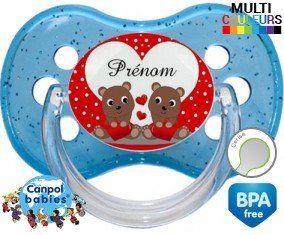 Petit ours et cœur + prénom : Sucette Cerise personnalisée