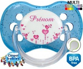Tetine Oiseaux rose + prénom embout Cerise personnalisée