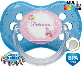 Tetine Papillon rose + prénom embout Cerise personnalisée