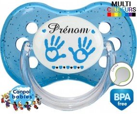 Tetine Main de bébé (garçon) + prénom embout Cerise personnalisée