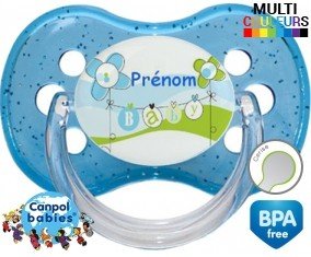 Tetine Baby bleu fleurs + prénom embout Cerise personnalisée