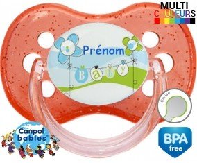 Baby bleu fleurs + prénom: Sucette Cerise-su7.fr