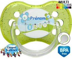 Baby bleu fleurs + prénom: Sucette Cerise-su7.fr