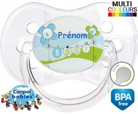 Baby bleu fleurs + prénom: Sucette Cerise-su7.fr