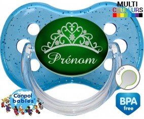 Tetine Couronne verte + prénom embout Cerise personnalisée
