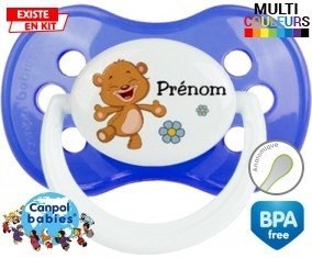 Ourson joyeux + prénom : Sucette Anatomique personnalisée