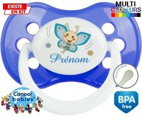 Papillon souriant (garçon) + prénom : Sucette Anatomique personnalisée