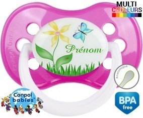 Fleur et papillon + prénom: Sucette Anatomique-su7.fr