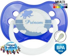 Elephant bleu + prénom : Sucette Anatomique personnalisée
