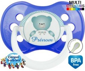 Ourson bleu + prénom : Sucette Anatomique personnalisée