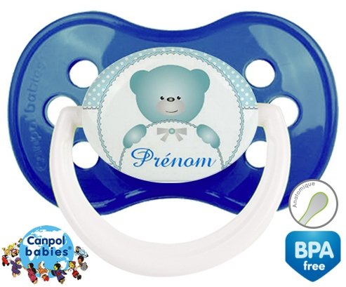 Ourson bleu + prénom: Sucette Anatomique-su7.fr