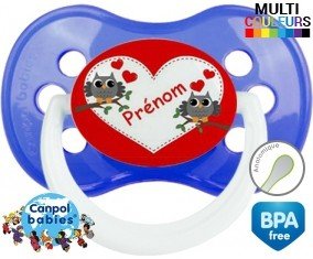 Tetine Hibou et cœur + prénom embout Anatomique personnalisée
