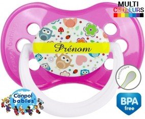 Hibou et fond rose + prénom: Sucette Anatomique-su7.fr