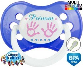 Tetine Main de bébé (fille) + prénom embout Anatomique personnalisée