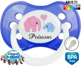 Elphants bleu et rose + prénom : Sucette Anatomique personnalisée
