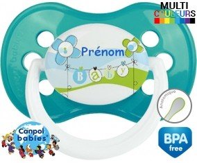 Baby bleu fleurs + prénom: Sucette Anatomique-su7.fr