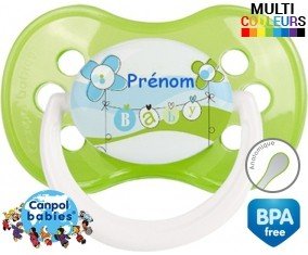 Baby bleu fleurs + prénom: Sucette Anatomique-su7.fr