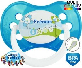 Baby bleu fleurs + prénom: Sucette Anatomique-su7.fr