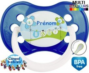 Baby bleu fleurs + prénom: Sucette Anatomique-su7.fr