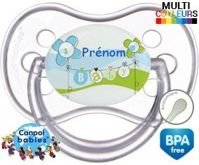 Baby bleu fleurs + prénom: Sucette Anatomique-su7.fr